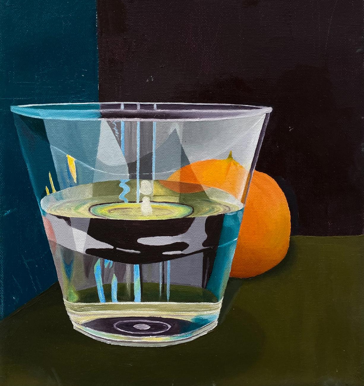 Painting 1 Glass of water painting investigating refractive light and reflective surfaces. Oil on canvas.
